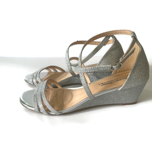 Badgley Mischka 8.5 Silver ankle low wedge open toe sandals Sz 8.5 - Picture 3 of 9